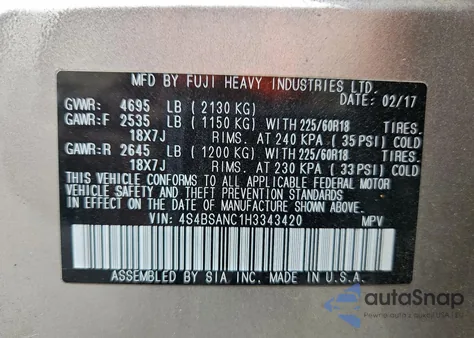 2017 Subaru Outback 2.5I Limited из США, поврежденный, VIN 4S4BSANC1H3343420